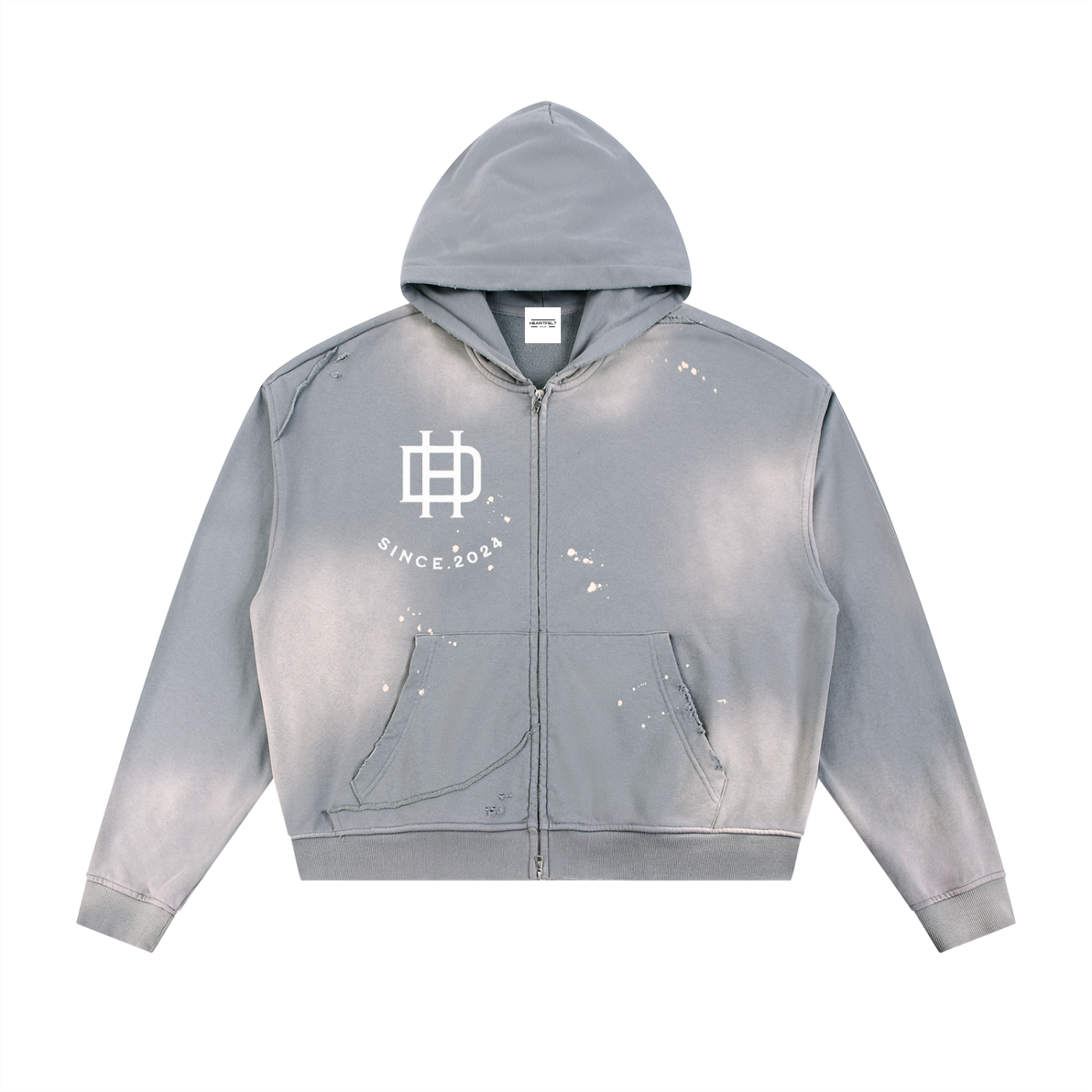 Sun Fade Frayed Raw Edge Fleece Zip Hoodie-with white logo