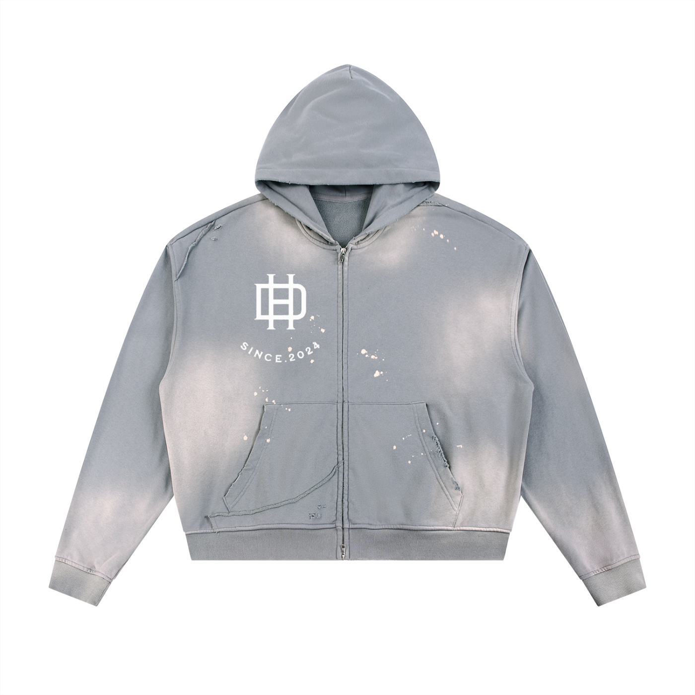 Sun Fade Frayed Raw Edge Fleece Zip Hoodie-with white logo