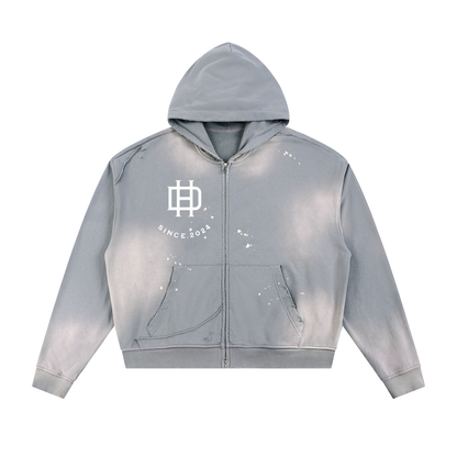 Sun Fade Frayed Raw Edge Fleece Zip Hoodie-with white logo