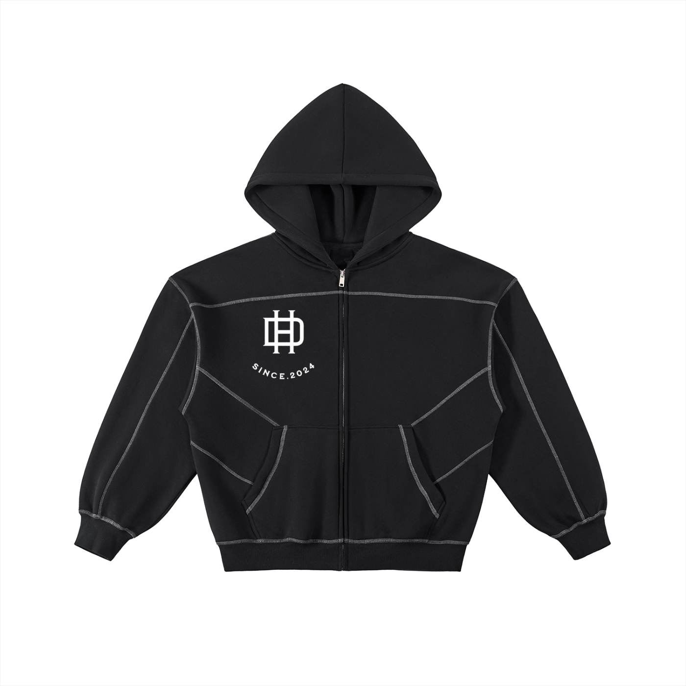 Contrast-Stitched Boxy Fleece Zip Hoodie