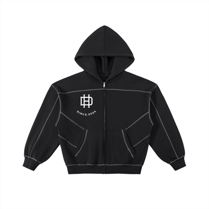 Contrast-Stitched Boxy Fleece Zip Hoodie
