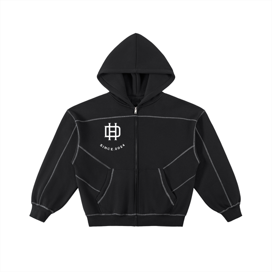 Contrast-Stitched Boxy Fleece Zip Hoodie