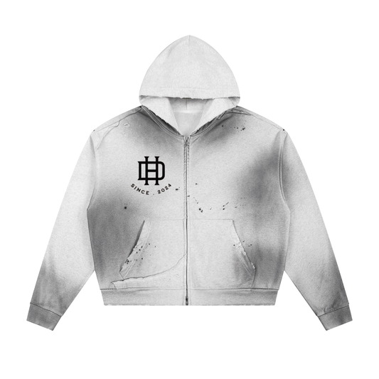 Sun Fade Frayed Raw Edge Fleece Zip Hoodie - with black logo