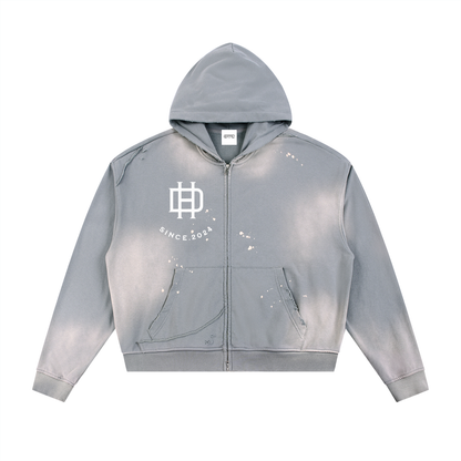Sun Fade Frayed Raw Edge Fleece Zip Hoodie-with white logo