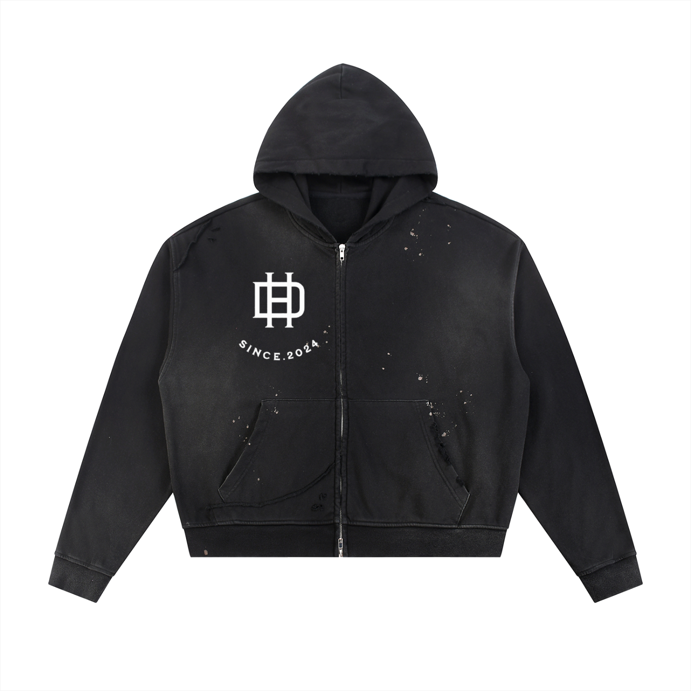 Sun Fade Frayed Raw Edge Fleece Zip Hoodie-with white logo