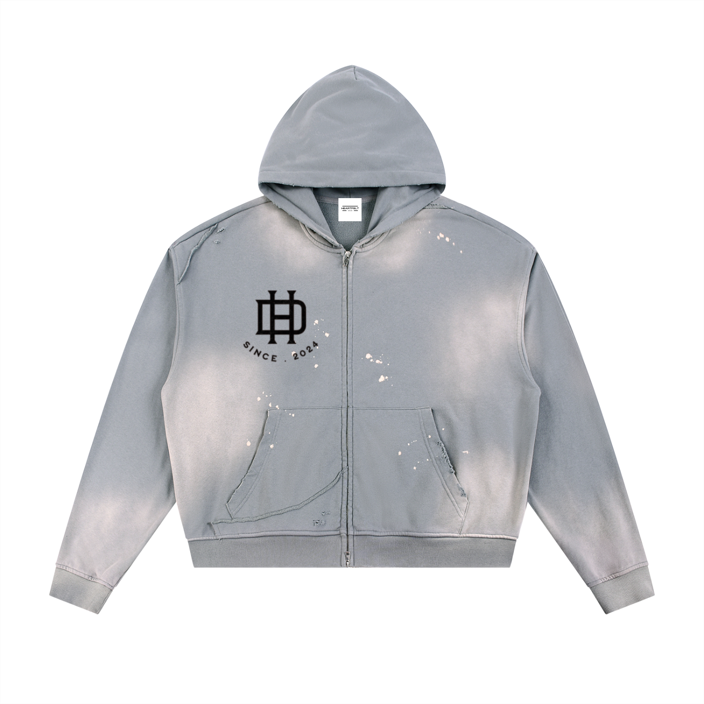 Sun Fade Frayed Raw Edge Fleece Zip Hoodie - with black logo